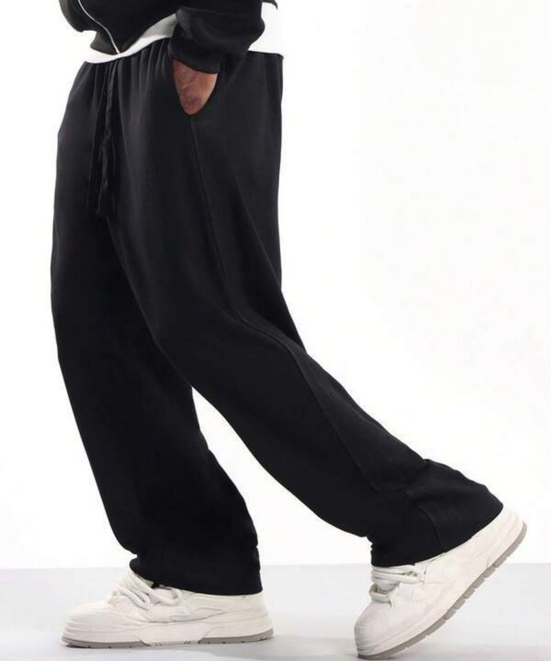 فلاينوف بنطال رياضي رجالي أسود سادة فاخر من الصوف الثقيل بقصة مريحة مع رباط قابل للتعديل - Image 2